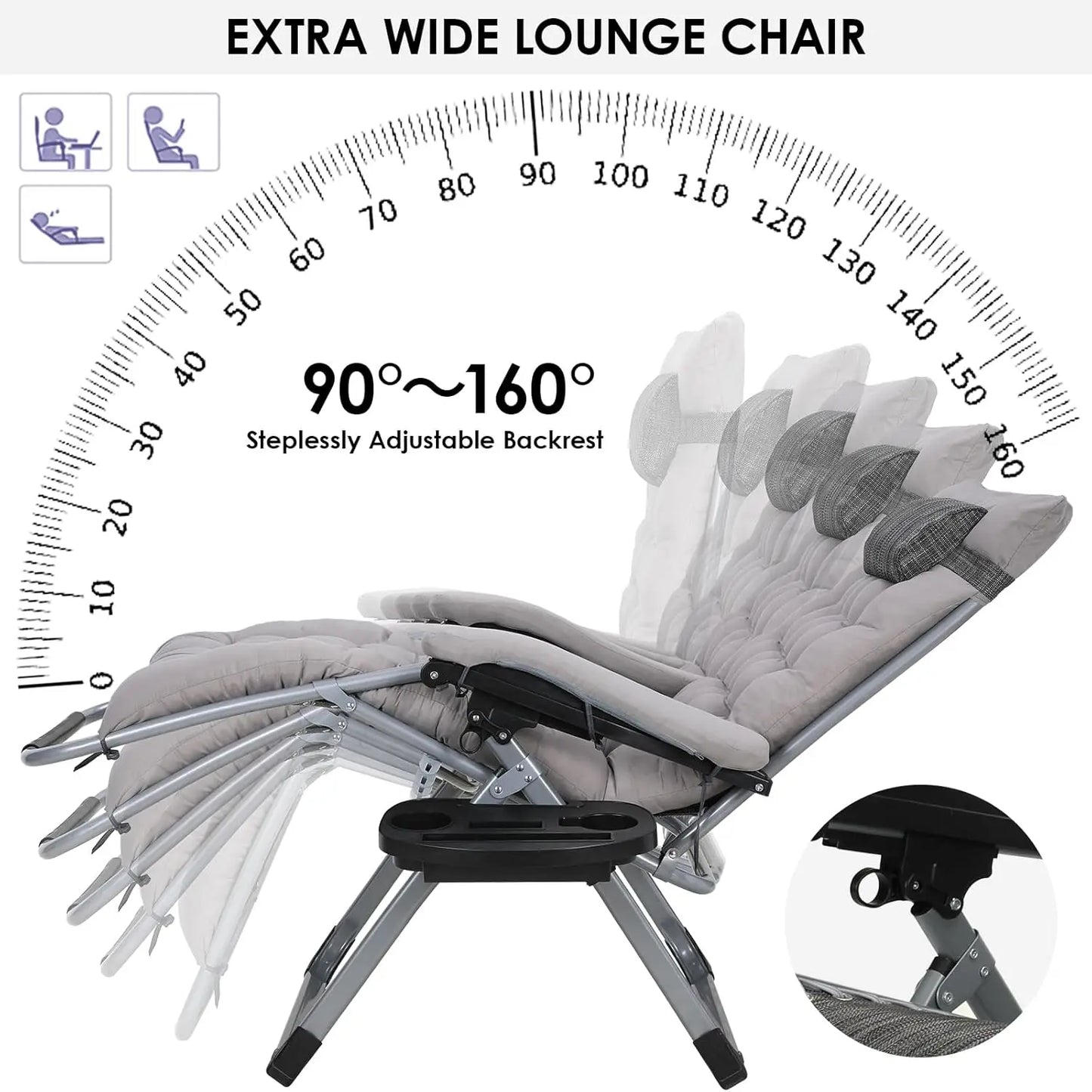 Ligstoel - Tuinstoel - Ligstoel Tuin - Verstelbare Tuinstoel - Standenstoel - Set van 2 - Opvouwbare - Zero Gravity Stoelen – Extra Grote Ligstoelen met Katoenen Kussen – Zwart – Tot 160kg - QUORE