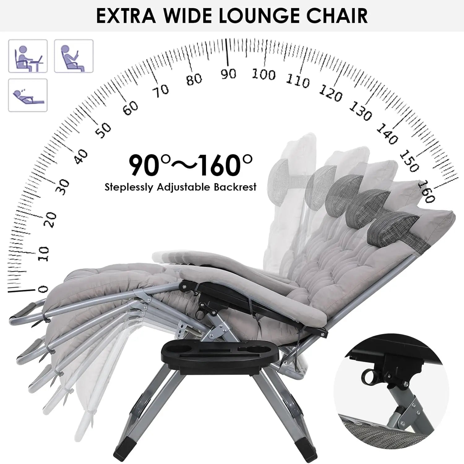 Ligstoel - Tuinstoel - Ligstoel Tuin - Verstelbare Tuinstoel - Standenstoel - Set van 2 - Opvouwbare - Zero Gravity Stoelen – Extra Grote Ligstoelen met Katoenen Kussen – Grijs – Tot 160kg - QUORE
