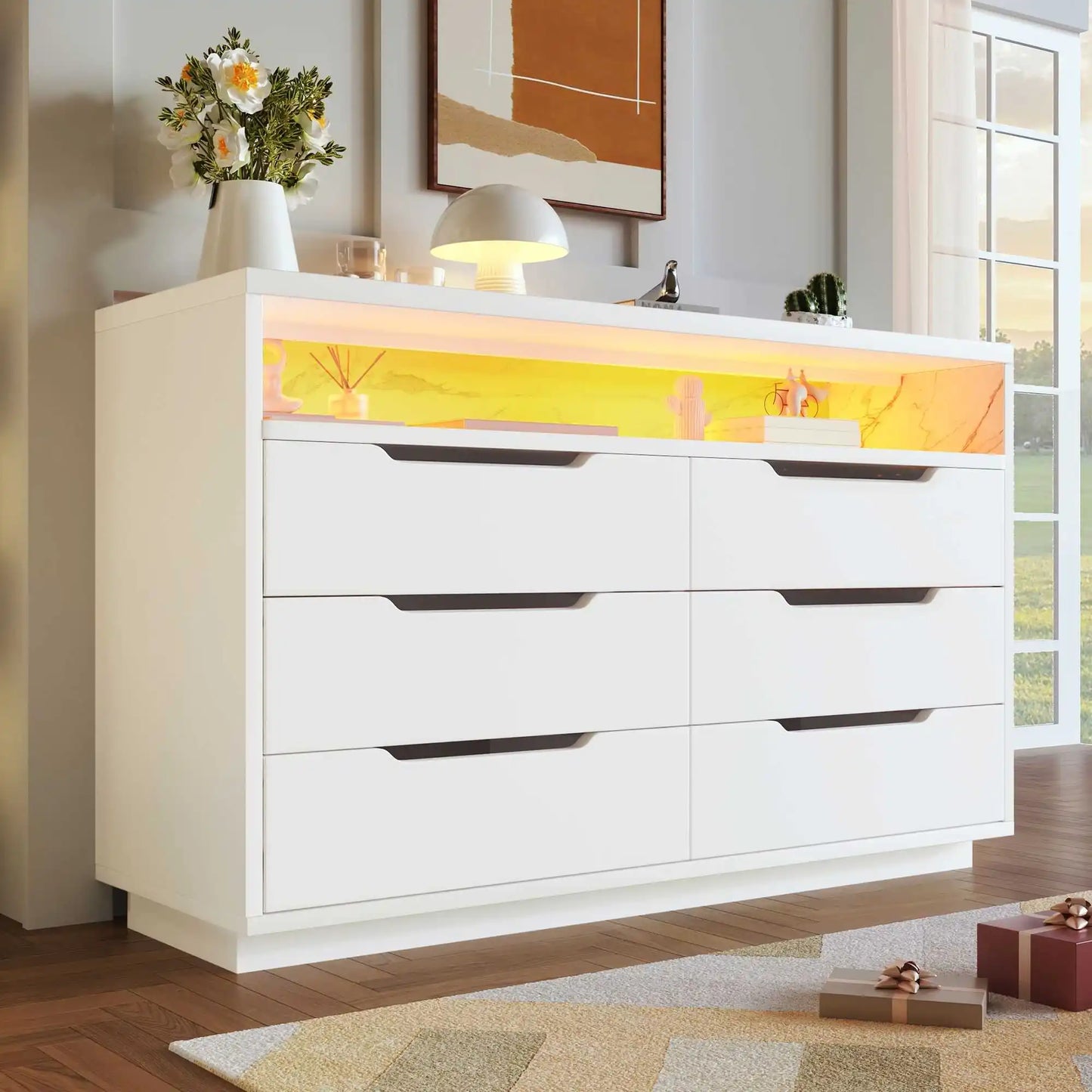 Ladenkast – Ladekast – Kast Met Laden – Opbergkast – Moderne Marmerlook – 6 Laden – LED-Verlichting - QUORE