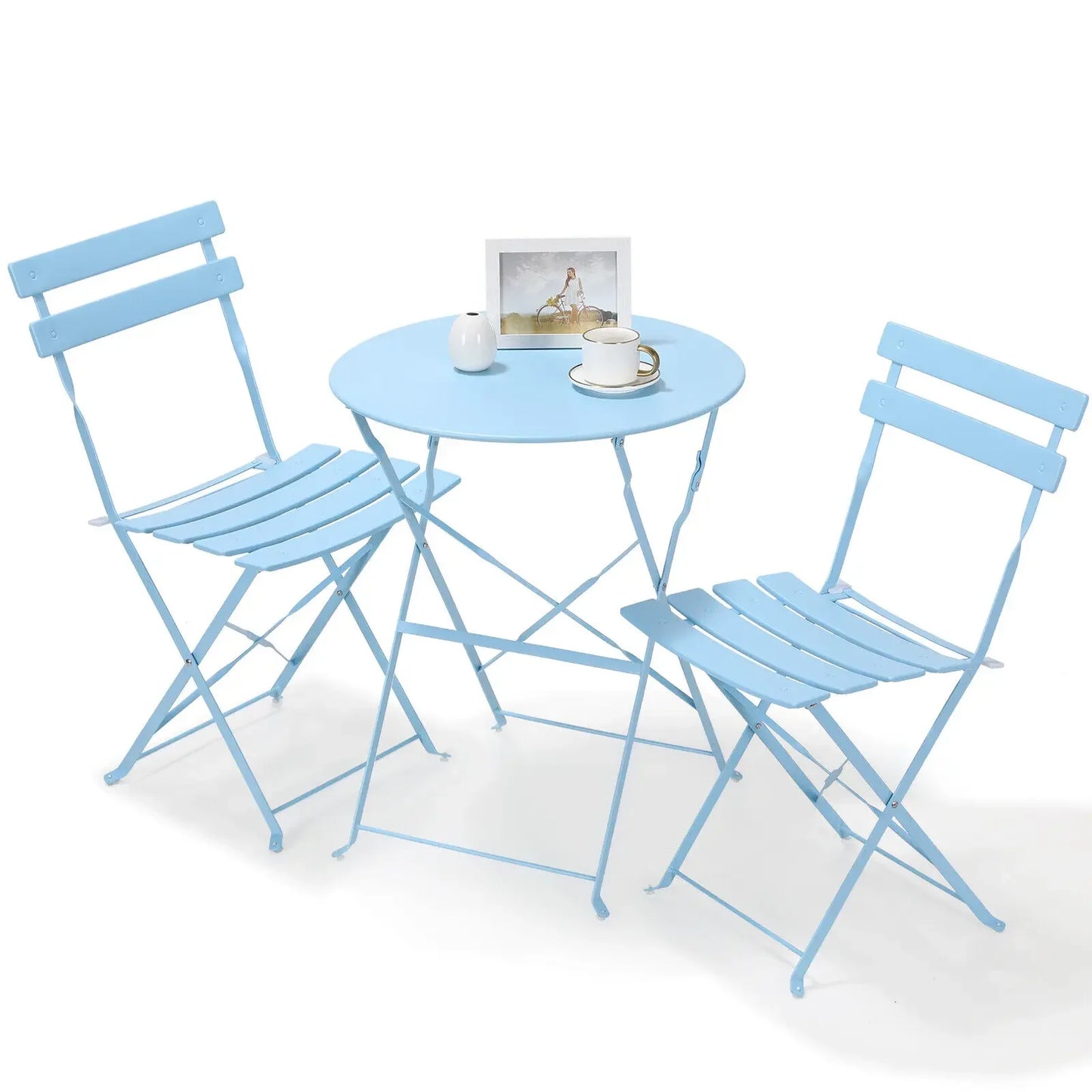 Bistroset - Tuinset - Tuintafel met Stoelen - 3-delige - Opvouwbare - Stalen Tafel en Stoelen voor Balkon - Balkonset 2 Personen - Bistrotafel - Lichtblauw - QUORE