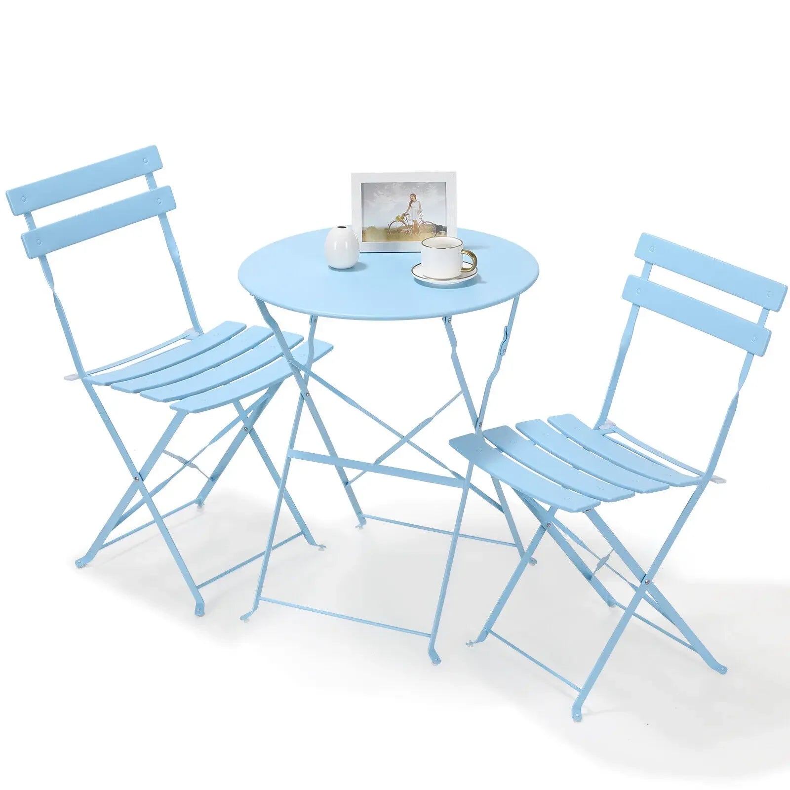 Bistroset - Tuinset - Tuintafel met Stoelen - 3-delige - Opvouwbare - Stalen Tafel en Stoelen voor Balkon - Balkonset 2 Personen - Bistrotafel - Lichtblauw - QUORE