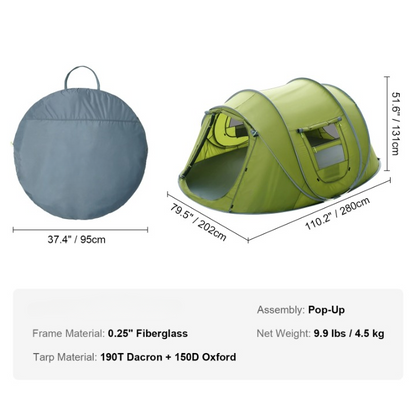 Campingtent - Opvouwbar Campingtent - Pop-Up Tent voor 4 personen - Familietent - Koepeltent - Draagbare - Ultralicht - Waterdicht - voor Buiten - Wandelen - Bergbeklimmen - 280 x 202 x 131 cm - Groen