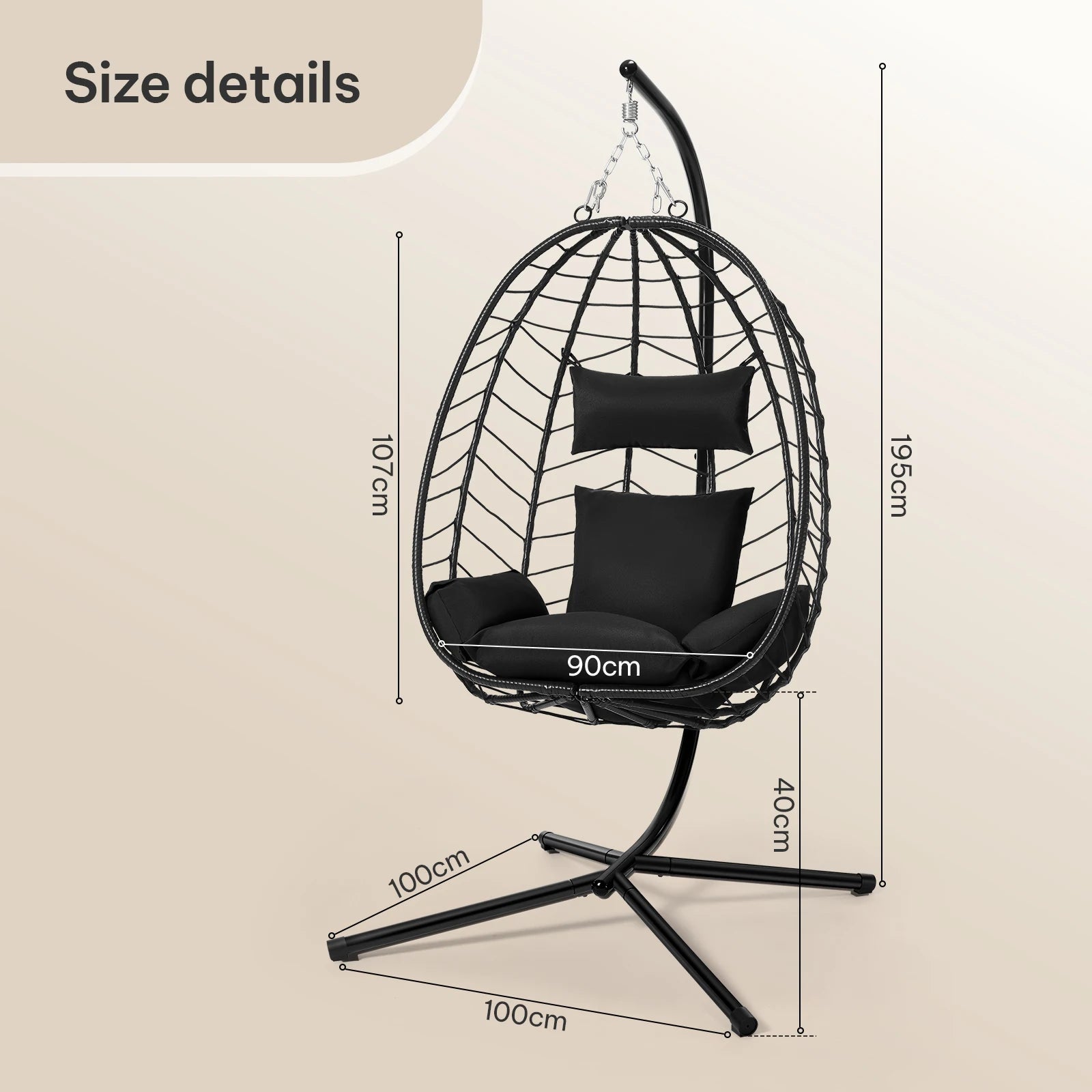 Schommelstoel - Hangende Ei-stoelen - Hangmat -Headrest - met Metalen Standaard - Zitkussen - Draagvermogen 150 kg - voor Tuin - Balkon - Terrasdecoratie - 102 x 100 x 196 cm - Antraciet - QUORE