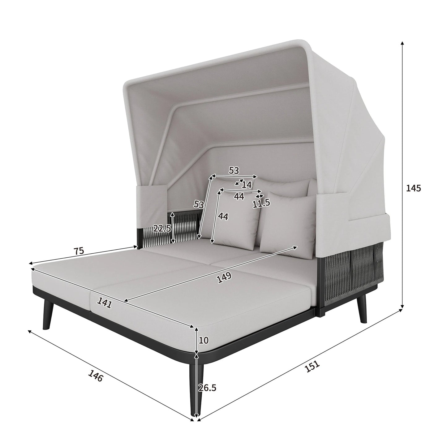 2-Persoons Lounge Chair – Tweezits Loungestoel – Buitenstoel – Tuinstoel – Verstelbaar Zonnescherm – Weerbestendig Handgeweven Materiaal – Dikke Zachte Kussens