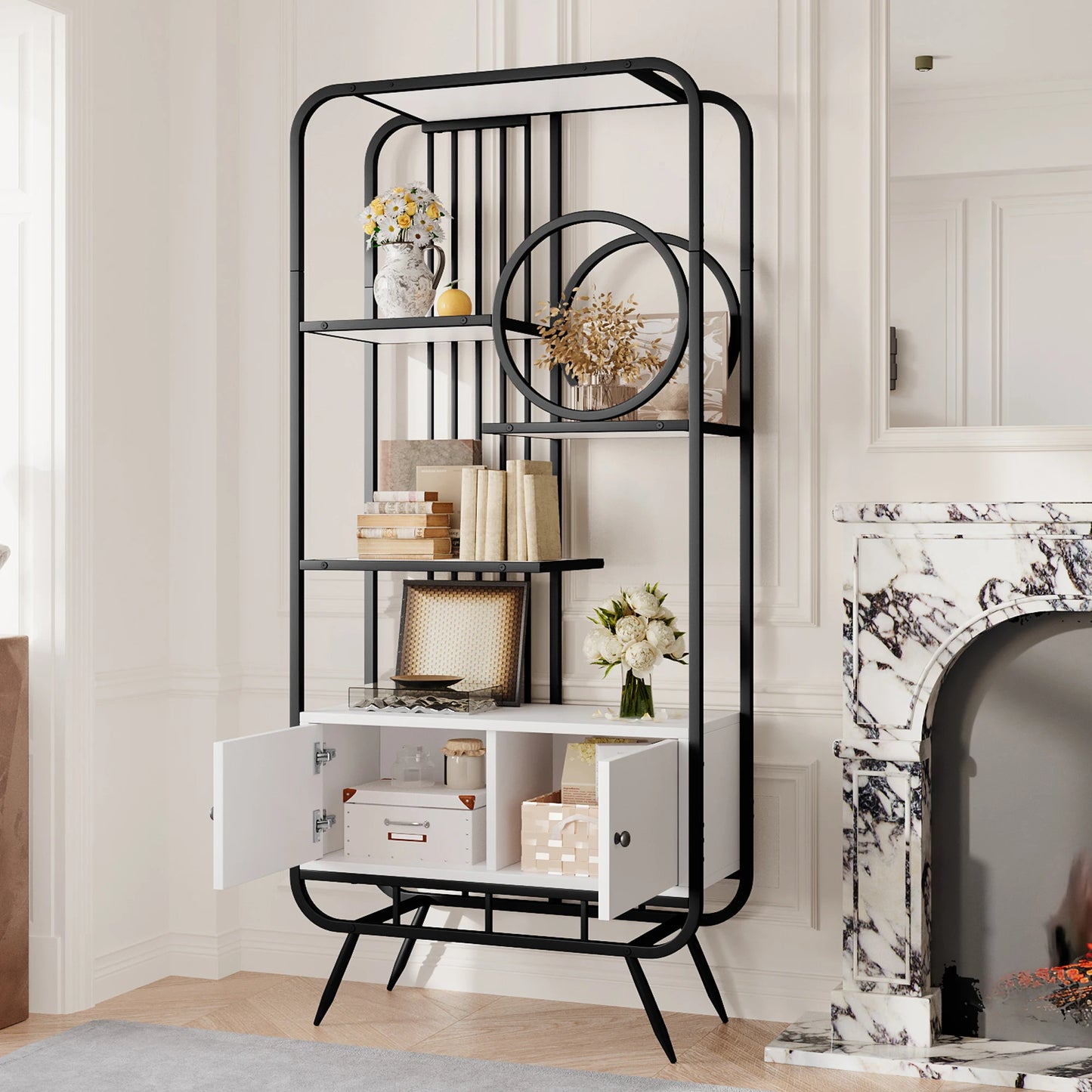 Metalen Rek – Opbergkast – Boekenplank – Wandmeubel – Sierrek – 180 cm Hoog – Zwart Metaal & Wit MDF – Dubbele Deuren – Ronde Hoeken