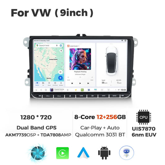 Multimedia Car Radio – Auto Stereo – Navigatiesysteem – 2 DIN Autoradio – Touchscreen Radio – 9” Scherm – Draadloos CarPlay & Android Auto – Snelle 8-Core Processor