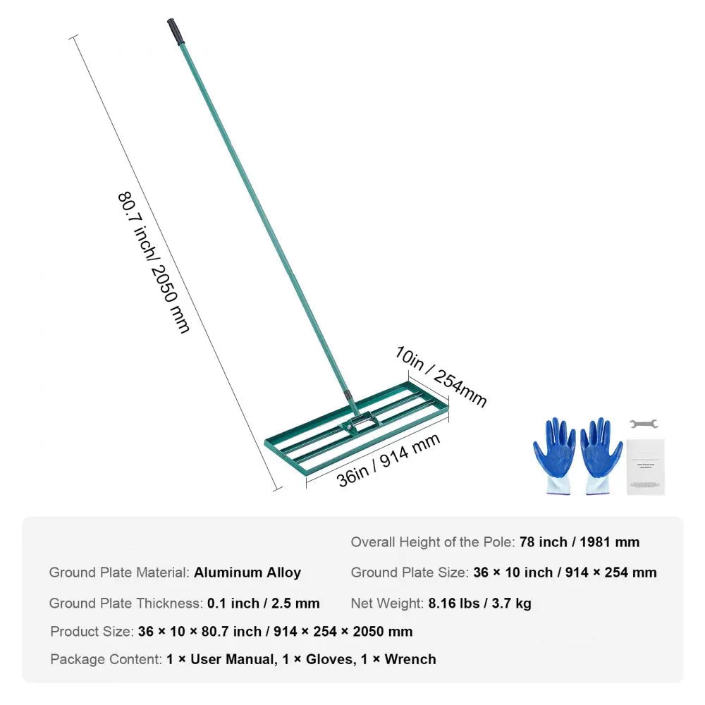 Gazonhark - Bladhark - Hark - Nivelleringshark - Gazon Leveler - Robuuste Bodemplaat - voor Tuin - Golf - Gazon - Achtertuin - Aluminiumlegering - 91.4 x 25.4 x 205 cm - Groen