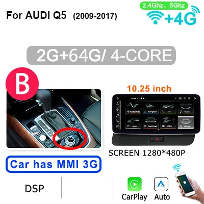 Multimedia Autoradio Audi Q5 – Draadloze CarPlay – Android 14 Systeem – Touchscreen Navigatie – Bluetooth WiFi 4G LTE – Plug & Play – 10,25/12,3 Inch Display