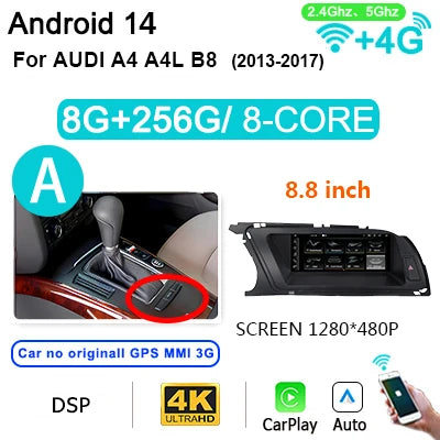 8.8" Android 14 Autoradio – Multimedia Speler – 2-Din Head Unit – Carplay Radio – Auto Stereo – 8GB RAM – 256GB Opslag – 4G LTE – Plug & Play