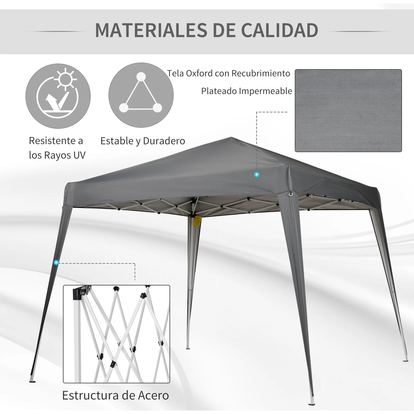 Opvouwbare Partytent 2,4x2,4 m – Waterdicht Pop-up Tuinpaviljoen – Staal & Oxford Doek – UV-bestendig - Grijs - QUORE