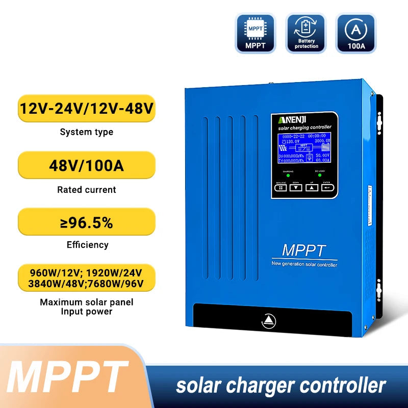 100A MPPT Zonnelader – Solar Charge Controller – Zonnepaneel Regelaar – Acculader – 48V 100A Variant – Maximale Paneelspanning 180V – 3-Fasen Laadproces - QUORE