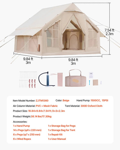 Opblaasbare Tent - Bell Tent - Camping Tent - Tenten - Kampeertent - Pop up Tent - 3-5 Personen - 3x3.1m - Opzetten in 10 Minuten - Waterdicht - Opvouwbaare - Ademend - Outdoor Camping – Glamping – Jachttent