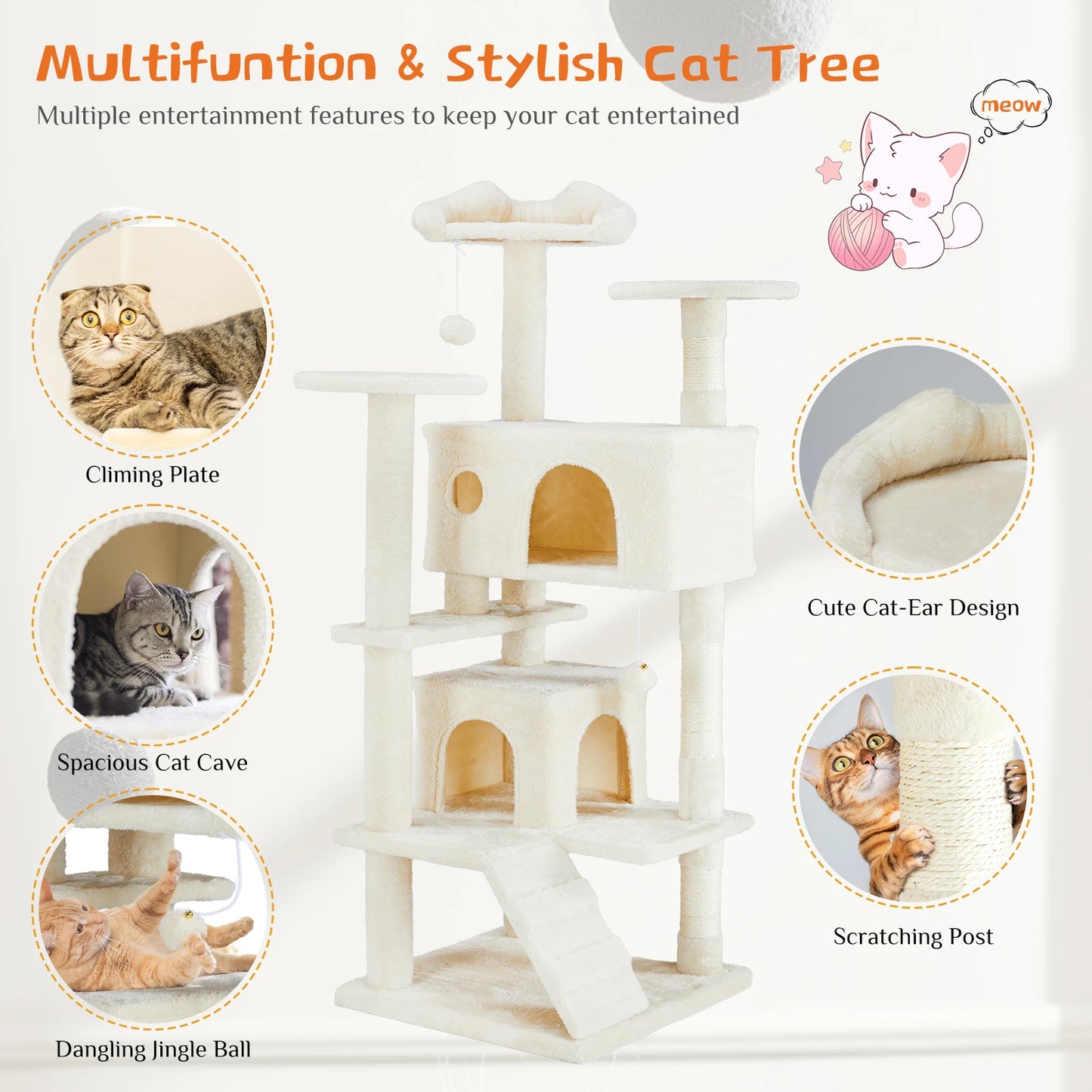 Krabpaal - voor Katten - Krabton - Hoge Kattenboom – 54inch - Multi-Level Krabpaal - Stabiele Kattenboom - Zacht en Knus - met Sisal en Huisjes - Beige