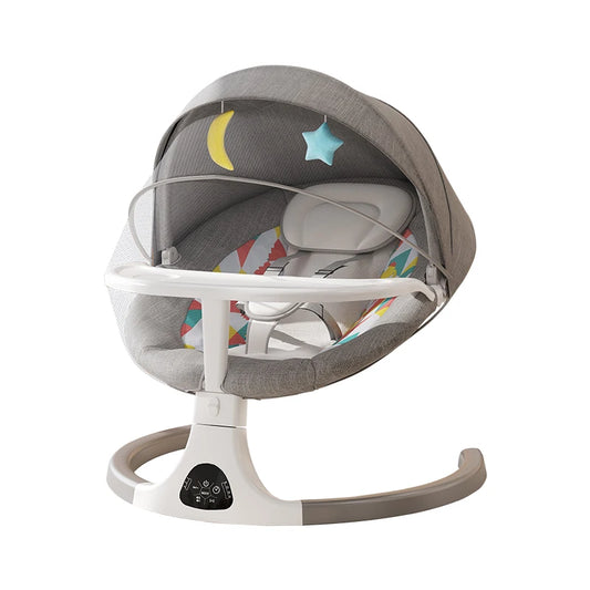 Elektrische Wipstoel - Babyschommel - Schommelstoel - Wipstoel Baby - Babybedje - Wiegstoel - met Afstandsbediening - Klamboe - Speelgoed - Dienblad Grijs