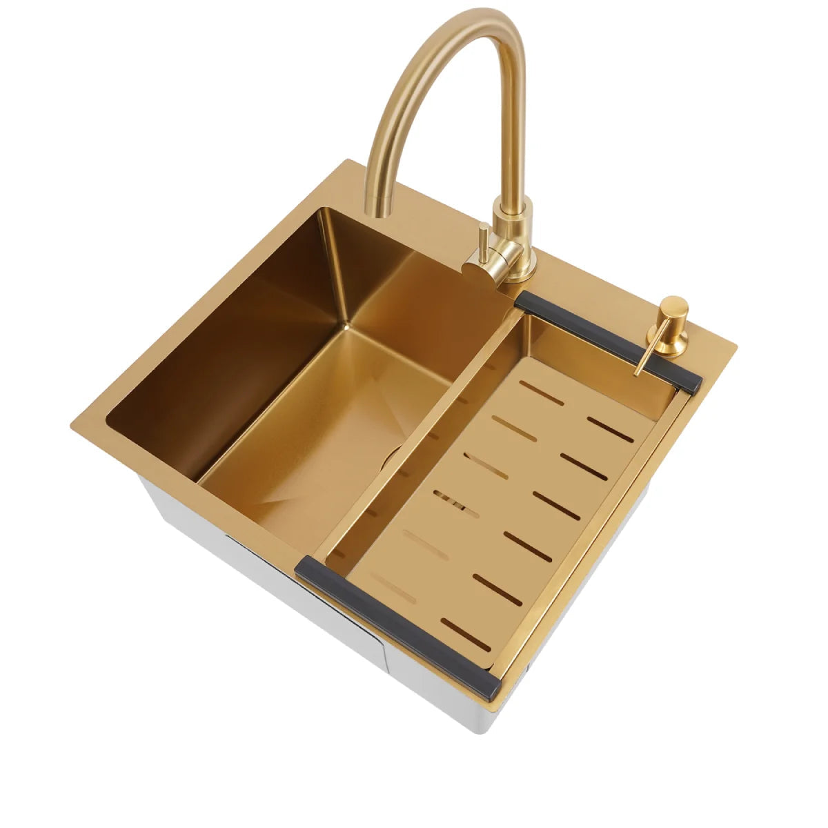 Gouden Spoelbak – Keukenspoelbak – RVS Spoelbak – Enkele Bak – Aanrechtspoelbak – Roestvrij Staal – 50x45x22 cm – Inclusief Kraan en Zeepdispenser - QUORE