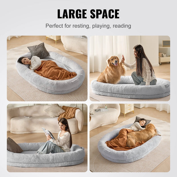 Hondenbed- Rond Hondenbed - Donut Hondenbed - Hondenbed Menselijke Maat - met Wasbaar Ei Orthopedisch Schuim van Konijnenbont - voor Mens en Huisdier - Grijs Kort Vlak