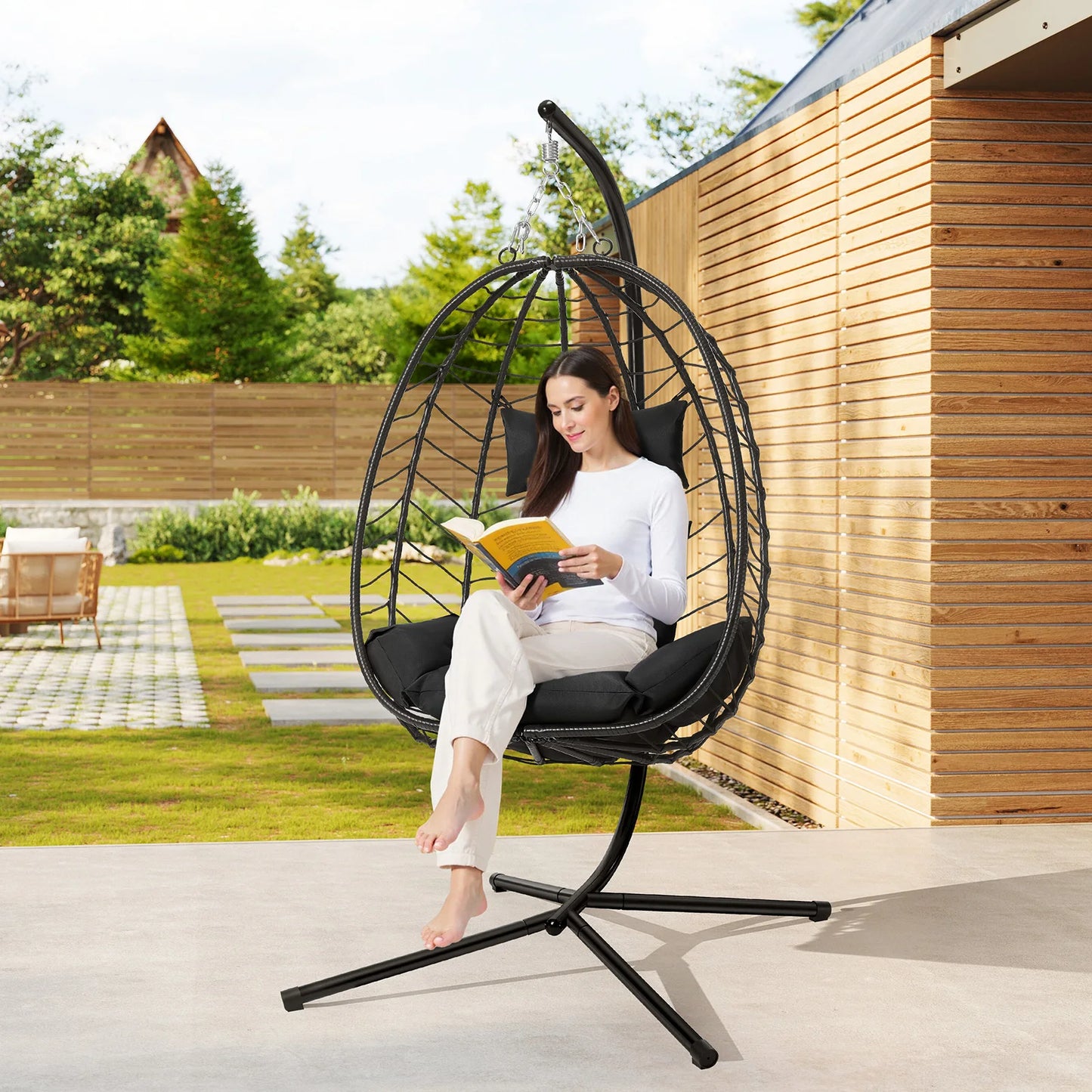 Schommelstoel - Hangende Ei-stoelen - Hangmat -Headrest - met Metalen Standaard - Zitkussen - Draagvermogen 150 kg - voor Tuin - Balkon - Terrasdecoratie - 102 x 100 x 196 cm - Antraciet - QUORE