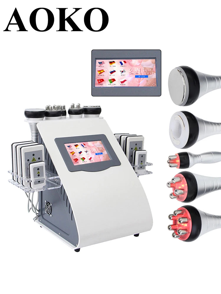 6-in-1 Ultrasone Cavitatie & RF Body Contour Machine – Afslankapparaat – Huidversteviger – Cellulite Verwijderaar – Vetverbrander – Multipolaire Radiofrequentie – 40 kHz Ultrasone Cavitatie – Touchscreen Bedieningspaneel