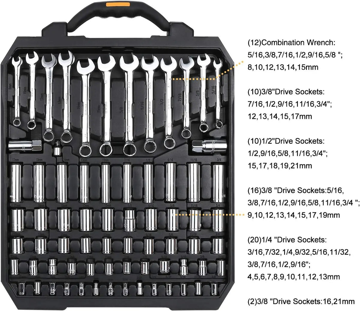 Deko - Basis gereedschapsset - Gereedschap - 192-delig - Gereedschapsset - Gemengde gereedschapsset - Autoreparatie handgereedschapsset - Sleutelgereedschapskistset - Zwart Geel - QUORE