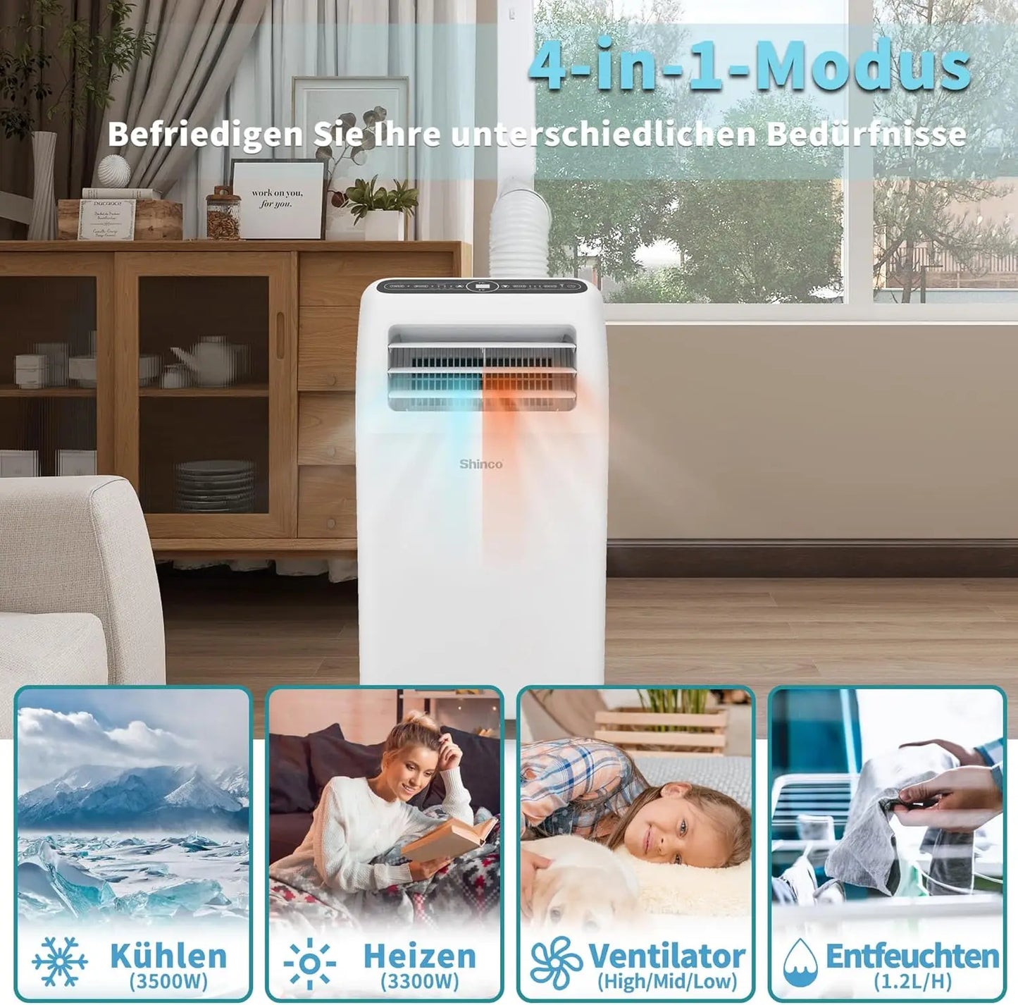 Mobiele Airconditioner – Verdamper – Verwarming – Luchtontvochtiger – Ventilator – 4-in-1 Functie – 24-Uurs Timer