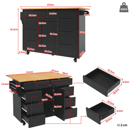 Uitklapbare Tafel – Keukentafel – Werkbank – Werktafel – Mobiele Werktafel – 8 Lades – Verstelbare Plank – 60 Kg Draagvermogen - 122 × 74.5 × 91.5 cm - Zwart