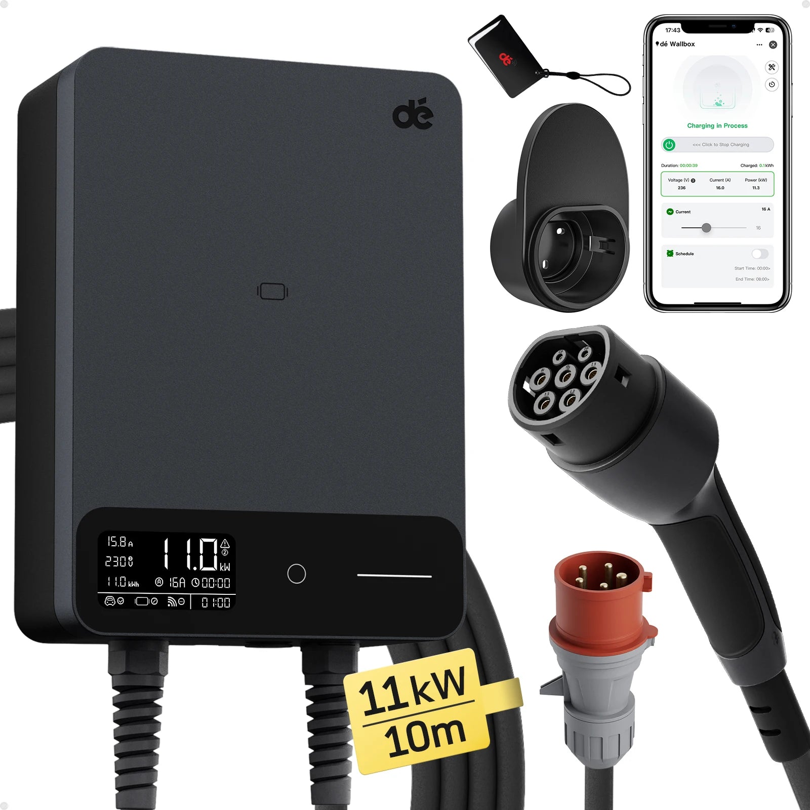 Wallbox 11kW – Elektrische Laadpaal – EV Oplader – Laadstation – Type 2 Lader – 10 Meter Kabel – Plug & Play – RFID Toegangscontrole - QUORE