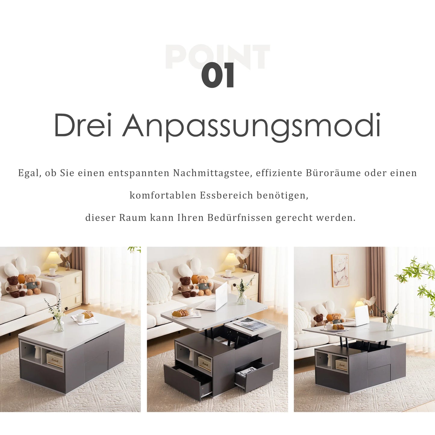 Multifunctionele Uitschuifbare Salontafel – Coffee Table – Woonkamertafel – Bijzettafel – Eettafel – Hoogteverstelbaar – Met 3 Lades en Open Opbergruimte