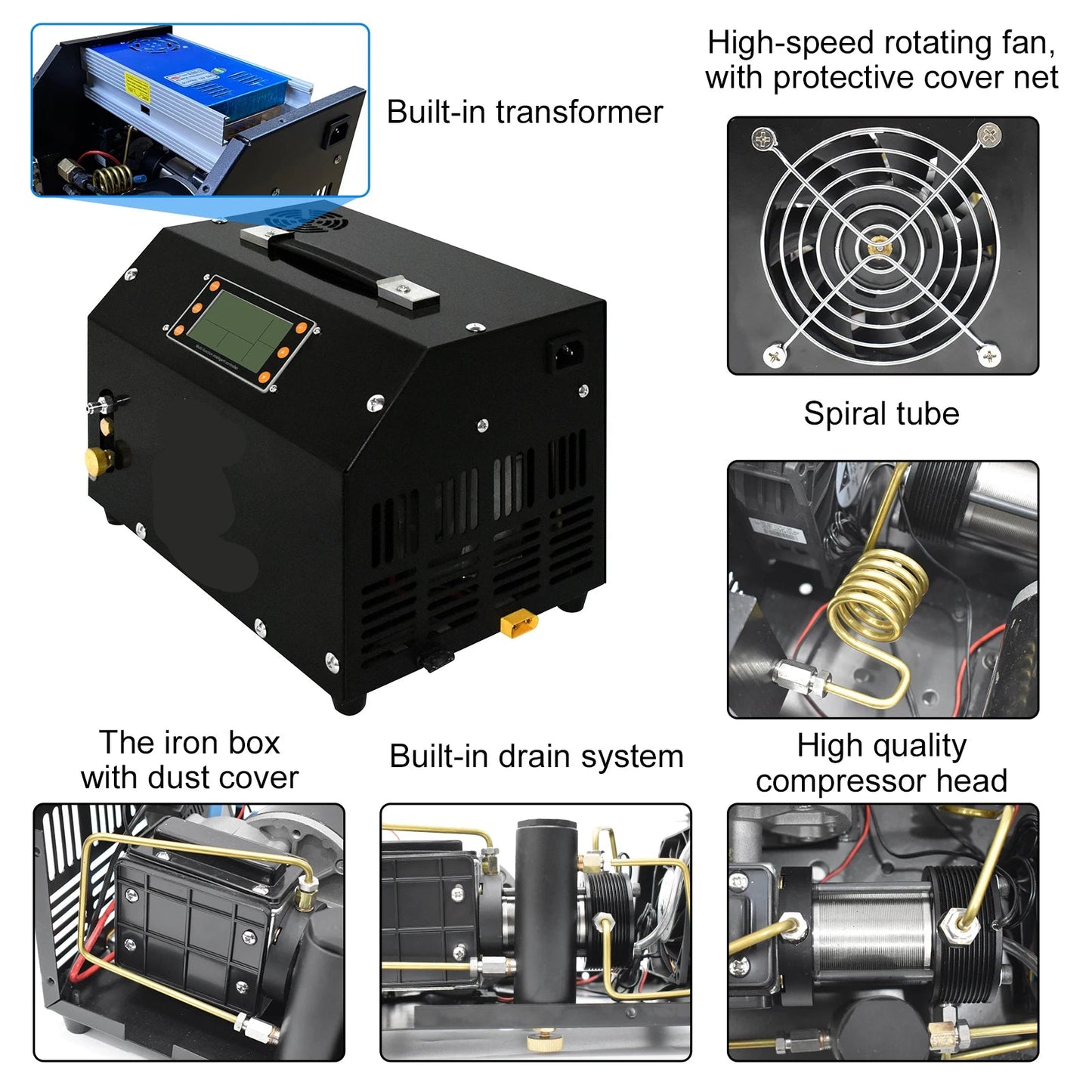 Luchtcompressor - Luchtcompressor Bandenpomp - Airpress Compressor - met LCD-scherm - Digitaal Besturingssysteem - 300Bar - 4500Psi PCP - 220V - met Ingebouwde 12V Draagbare Stroomadapter Ventilator
