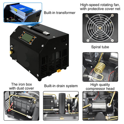 Luchtcompressor - Luchtcompressor Bandenpomp - Airpress Compressor - met LCD-scherm - Digitaal Besturingssysteem - 300Bar - 4500Psi PCP - 220V - met Ingebouwde 12V Draagbare Stroomadapter Ventilator