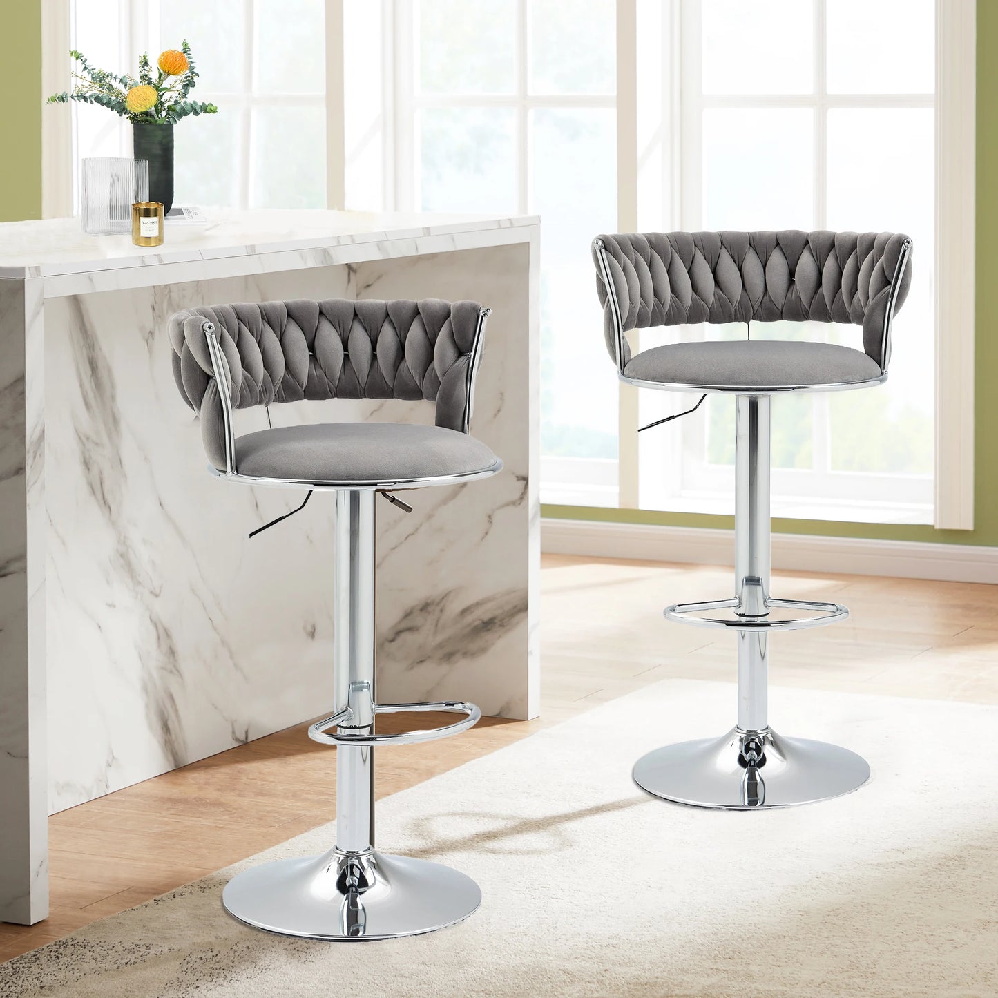 Barkrukken – Draaibare Krukken – Keukenstoelen – Barstoelen – 360 Graden Draaibaar – Verstelbare Hoogte – Velvet Bekleding - 54 x 46 x 97 cm - Grijs