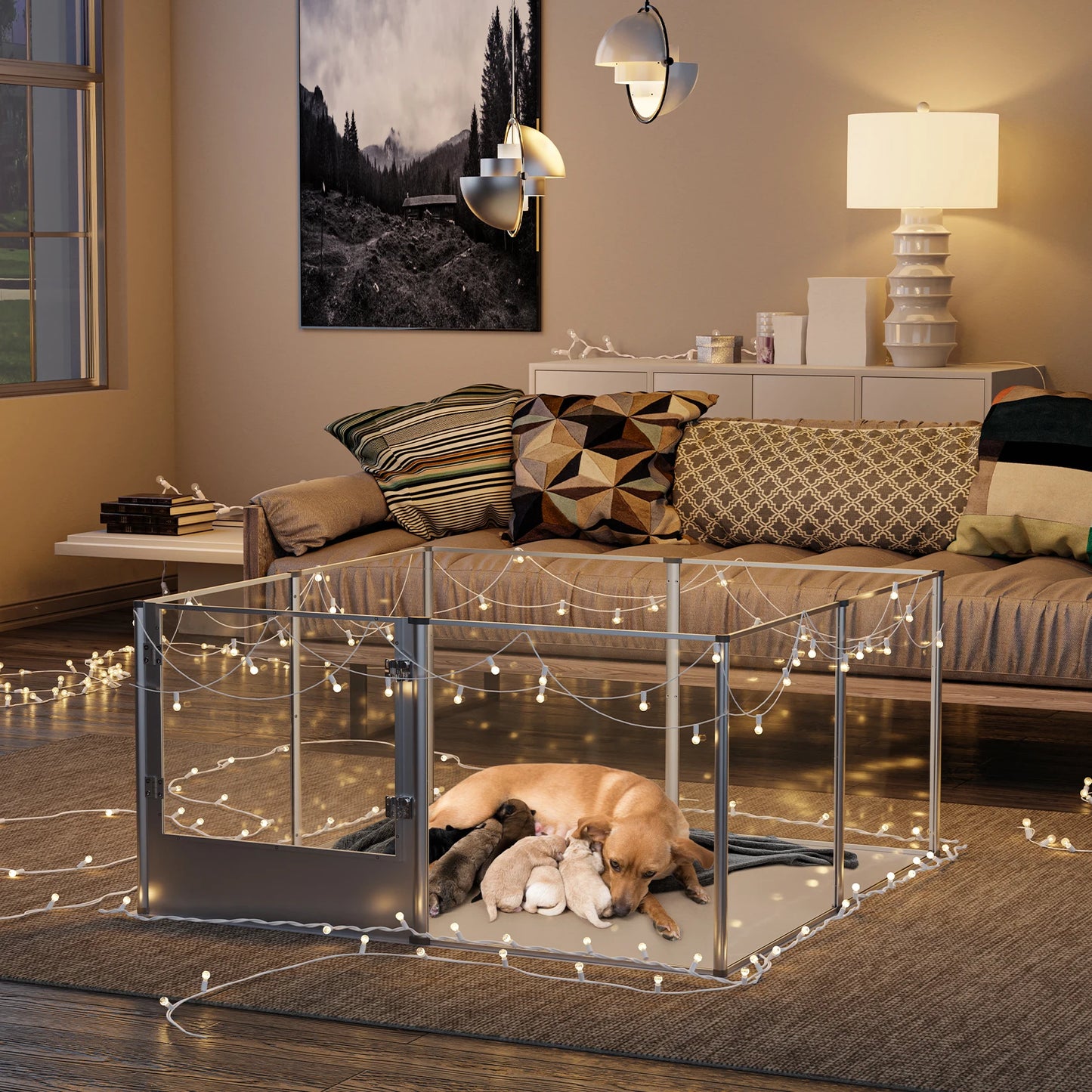 Acrylic Hondenren – Hondenhok – Puppyren – Whelping Box – Dierenren – Aluminium Frame – Waterdichte Voedingsmat – 120x120x61 cm