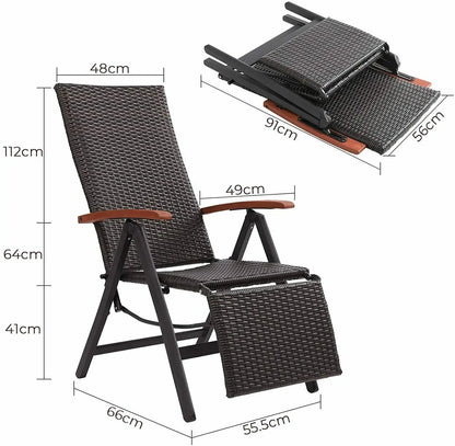 Opvouwbare Tuinstoel - 7-Positie Verstelbare Lounger - Rattan Lounge Stoel met Armleuningen en Voetsteun - Lichtgewicht en Ruimtebesparend - Geschikt voor Tuin, Balkon, Strand