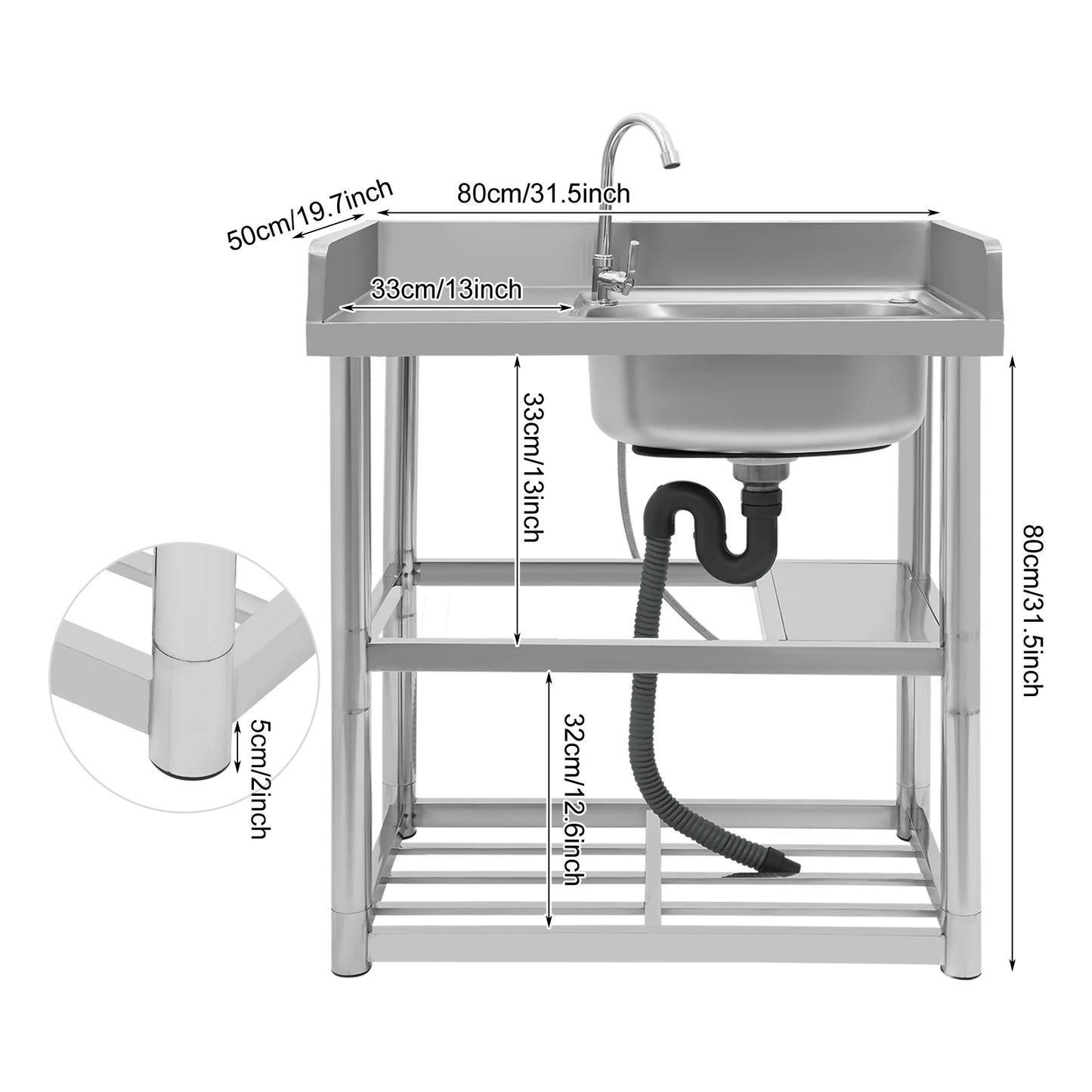 2-Tier Stainless Steel Single Bowl Sink with Worktop and Faucet, 100KG Capacity Floor Standing Kitchen Hand Washing Station - QUORE