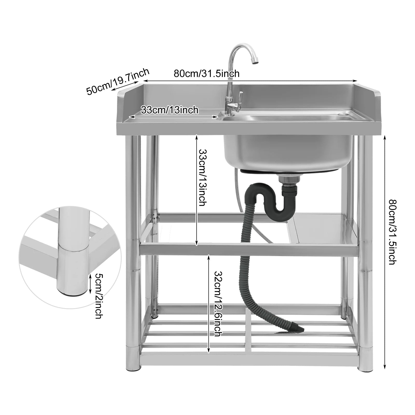 2-Tier Stainless Steel Single Bowl Sink with Worktop and Faucet, 100KG Capacity Floor Standing Kitchen Hand Washing Station - QUORE