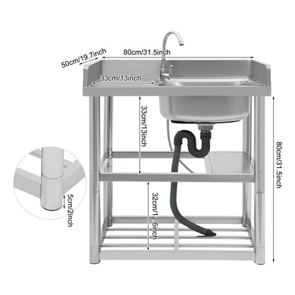 2-Tier Stainless Steel Single Bowl Sink with Worktop and Faucet, 100KG Capacity Floor Standing Kitchen Hand Washing Station - QUORE