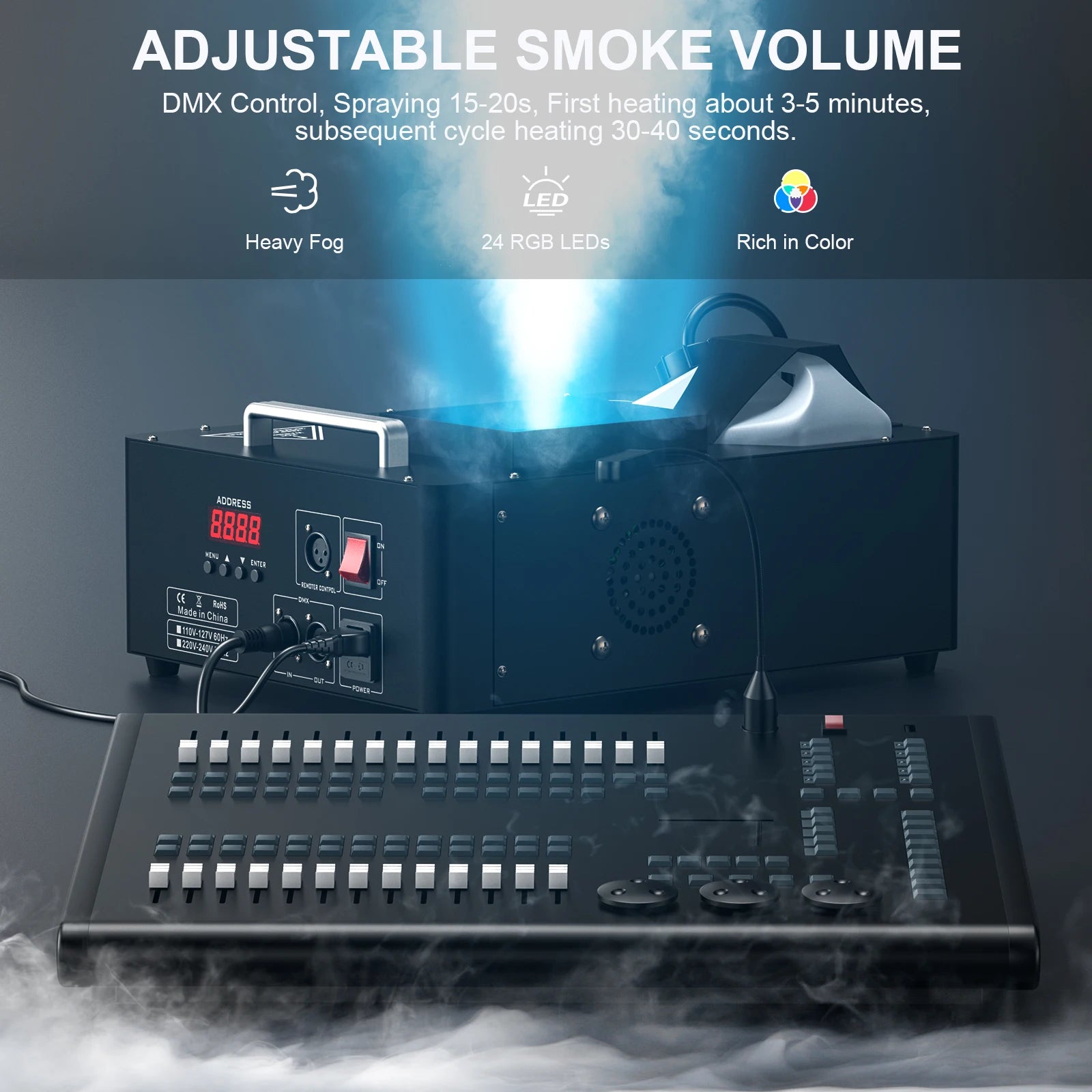 Rookmachine – Mistmachine – Fogmachine – Rookgenerator – Stage Fogger – 1500W Krachtige Output – 24 RGB LED Verlichting - QUORE