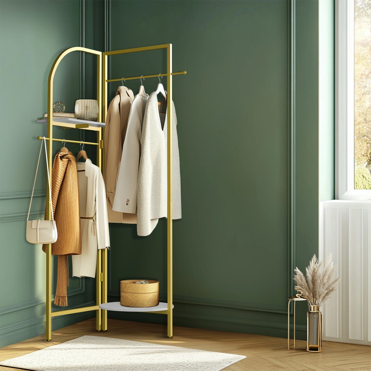 Gouden Hoekkledingrek - Stevig Vrijstaand Kledingrek - Metalen Kapstok voor Hal en Slaapkamer - Robuust Gouden Kledingrek - Hoekkast met Planken - Ideaal voor Woonkamer