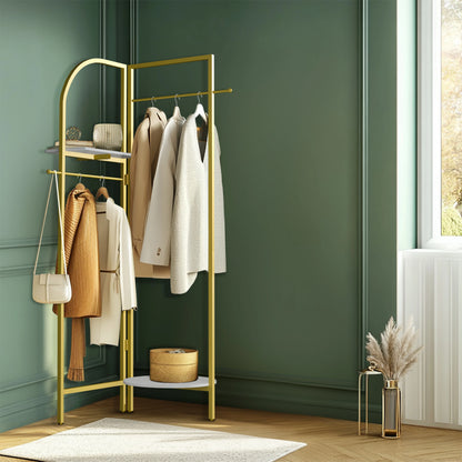 Gouden Hoekkledingrek - Stevig Vrijstaand Kledingrek - Metalen Kapstok voor Hal en Slaapkamer - Robuust Gouden Kledingrek - Hoekkast met Planken - Ideaal voor Woonkamer
