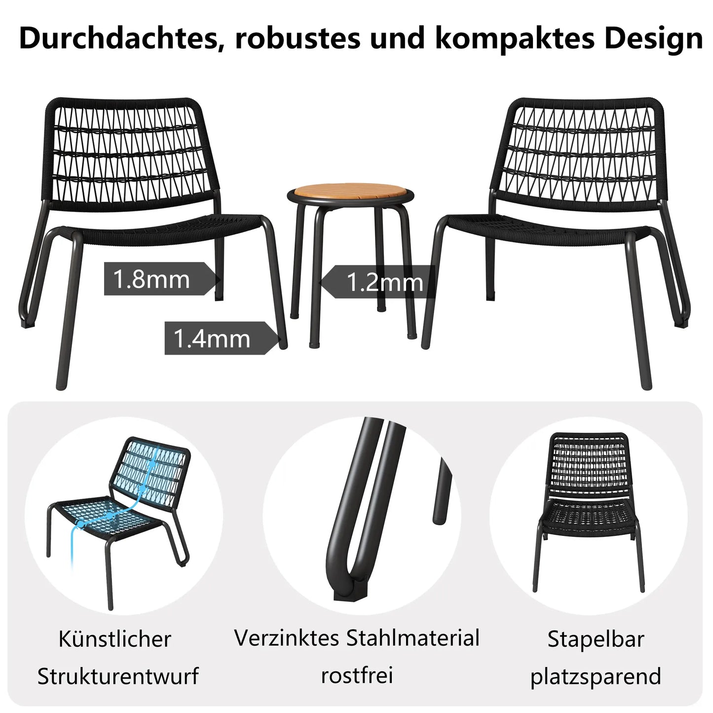 3-Delige Tuinset – Balkonset – Terrasmeubelen – Buitenmeubelset – Handgeweven Vlechtwerk – Acaciahouten Tafel
