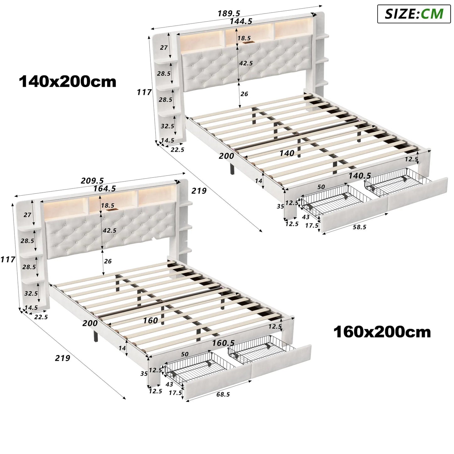 Bed – Ledikant – Slaapbank – Opbergbed – Fluwelen Bekleding – USB Oplaadpoort – Verstelbare LED-verlichting
