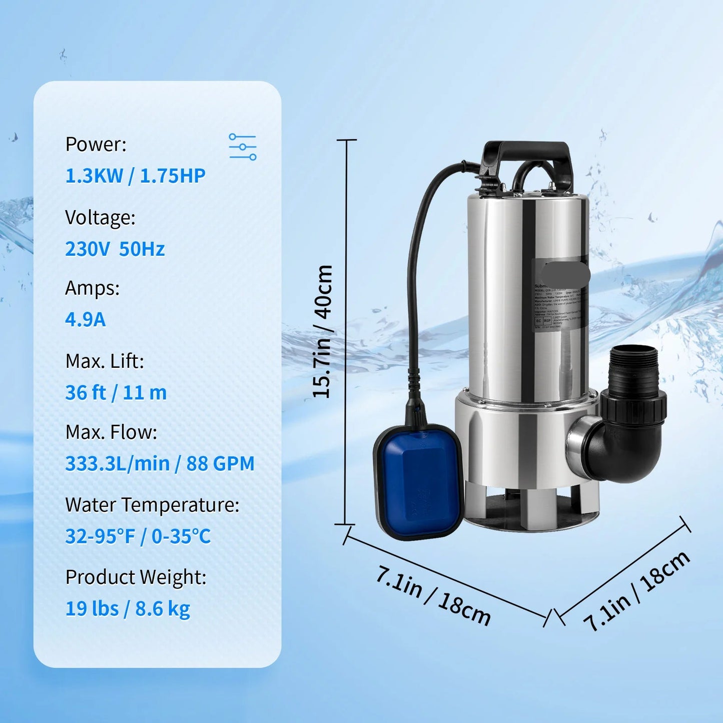 Dompelpomp - Waterpomp - Pomp - Vuilwaterpomp - 1300W - RVS - 20000L/H - met 10 Meter Snoer - voor Kelder, Zwembad en Vijver