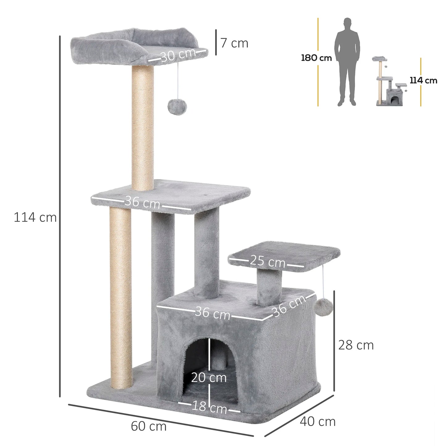 Kattenboom - Krabpaal - met Platform - Perfect voor  Een Dutje Doen - Sporten - Spelen - Spaanplaat - Zacht pluche - 60 x 40 x 114 cm - Grijs