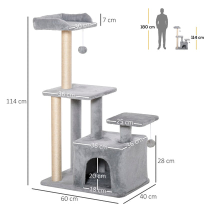 Kattenboom - Krabpaal - met Platform - Perfect voor  Een Dutje Doen - Sporten - Spelen - Spaanplaat - Zacht pluche - 60 x 40 x 114 cm - Grijs