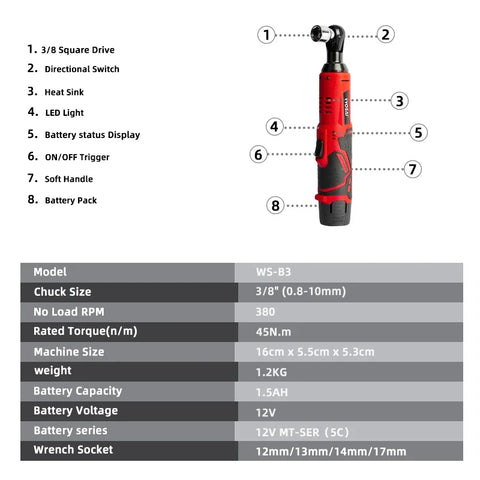 WS-B3-B1 - Impact Wrench - Impact Drivers - 12V - 380rpm - Cordless Impact Wrench - Impact Wrench with Battery - Red