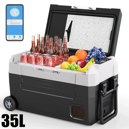 Elektrische Koelbox - Refrigerator - Frigobox - Vriezer - Auto Koelkast - Compressor Koelbox - 35L - Dual Zone Vriezer & Koeler - 12V / 24V DC, 100-240V AC - met Wielen en App-bediening - Voor Camping en Reizen