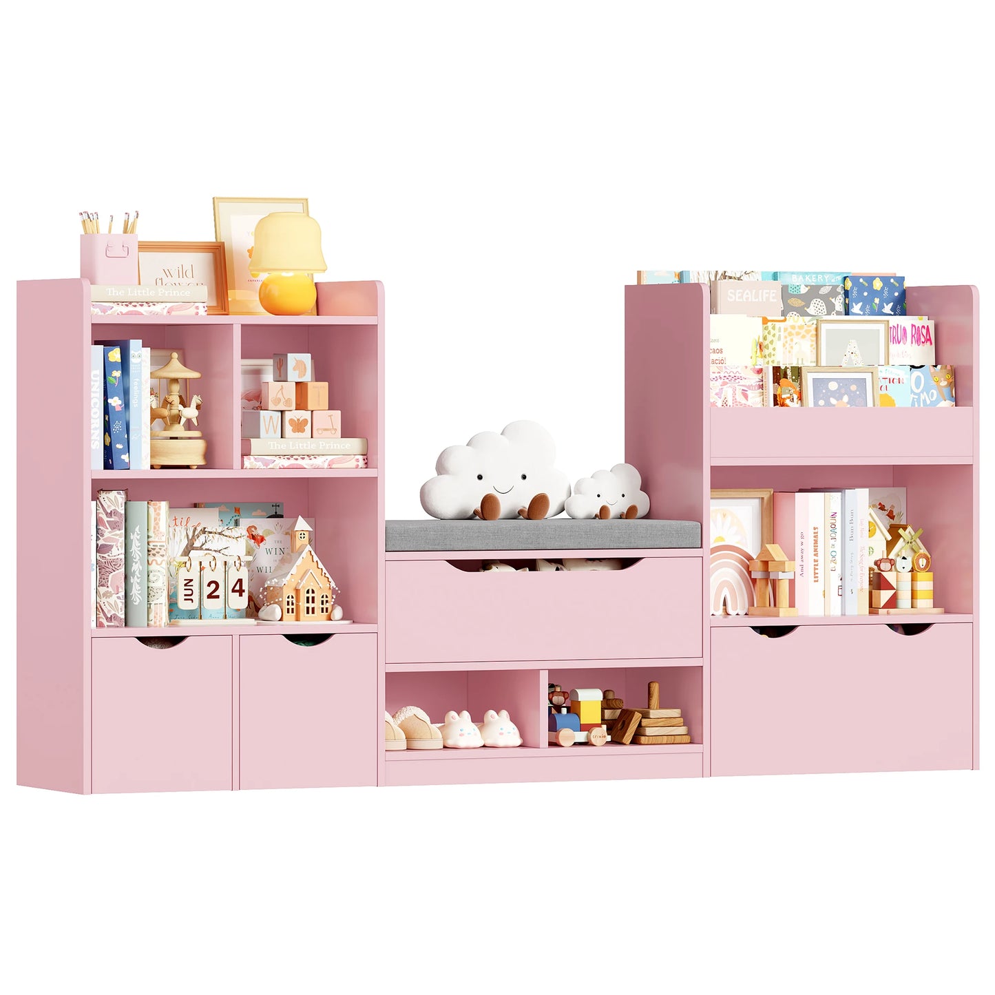 Speelgoedopberger – Speelgoedkast – Boekenkast – Opbergmeubel – Kindermeubel – Roze – Houten Materiaal – 3 Laden Op Wieltjes