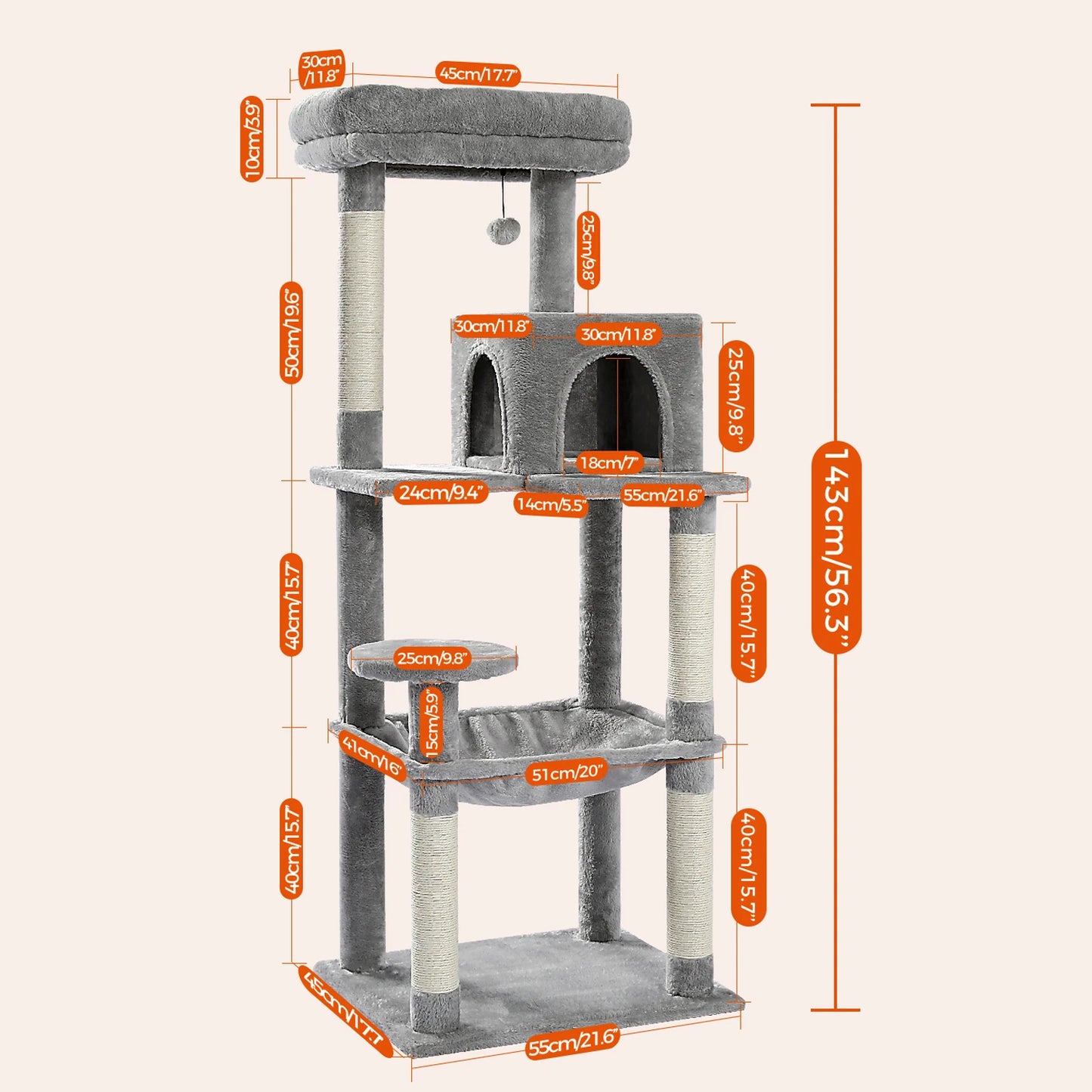 Krabpaal - Kattenboom - Katten Klimmuur - Sisal Krabpalen - Arbre a Chat - Hangmat - Kattenhuisje - 45x55x143cm - Grijs