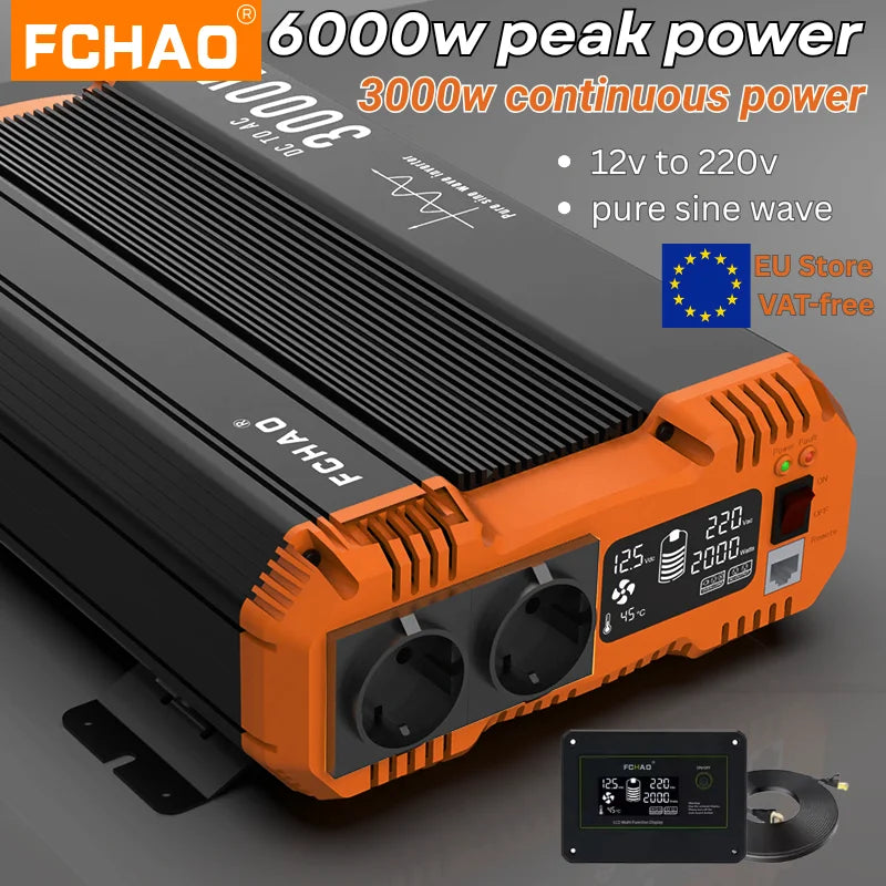 Pure Sine Wave Omvormer – Stroomomzetter – Spanning Converter – DC Naar AC Omvormer – 3000W Continu Vermogen – 6000W Piekvermogen – Zuivere Sinusgolf – Aluminium Magnesium Behuizing - QUORE