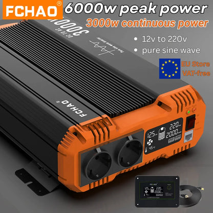 Pure Sine Wave Omvormer – Stroomomzetter – Spanning Converter – DC Naar AC Omvormer – 3000W Continu Vermogen – 6000W Piekvermogen – Zuivere Sinusgolf – Aluminium Magnesium Behuizing - QUORE