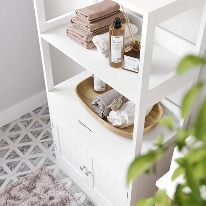 Hoge Vrijstaande Badkamerkast – Witte Opbergkast met 2 Deuren - Lade & 3 Open Planken – Moderne Multifunctionele Kast voor Badkamer - Keuken of Woonkamer